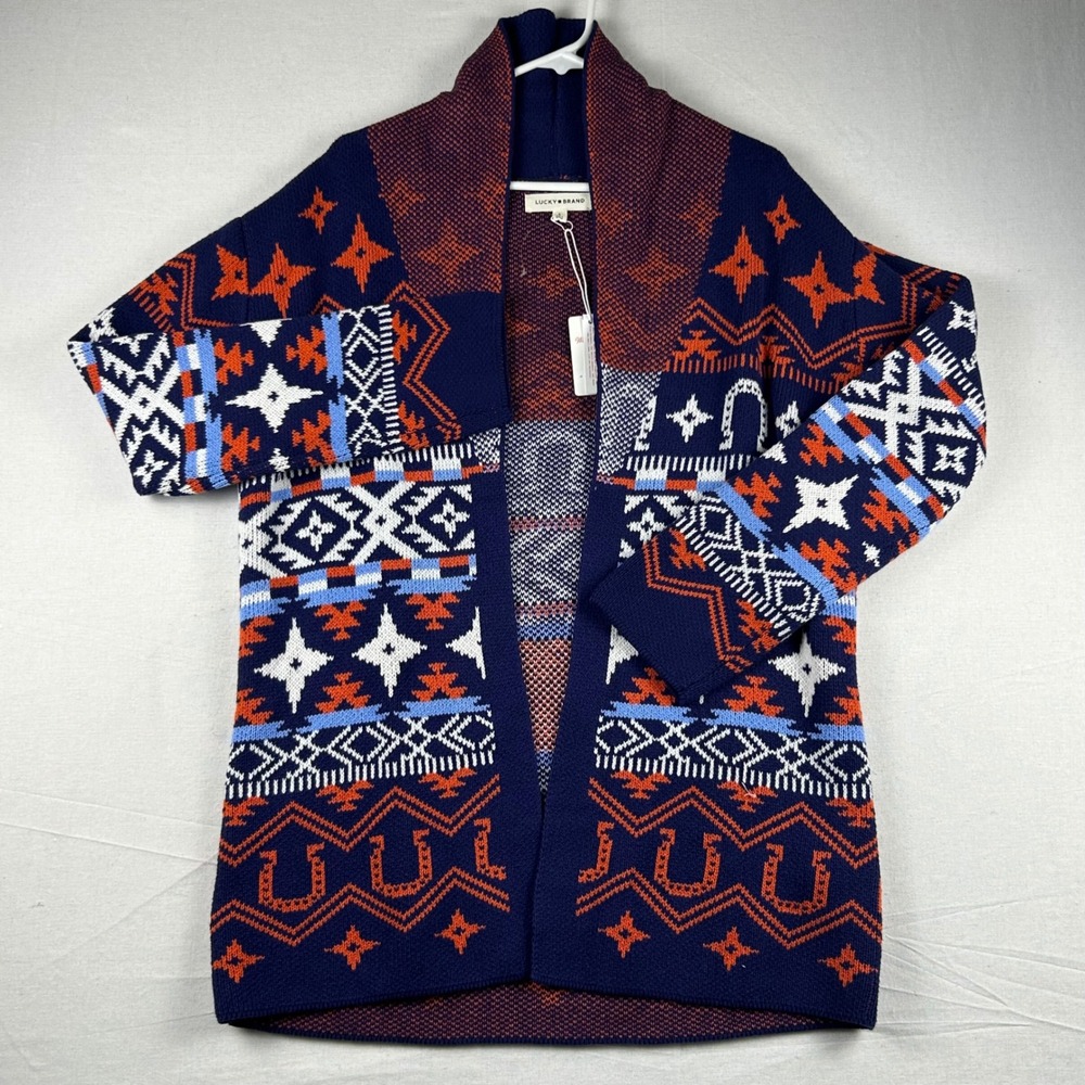 Lucky Brand Womens Southwestern Shawl Collar Cardigan Navy Blue Orange Small NEW